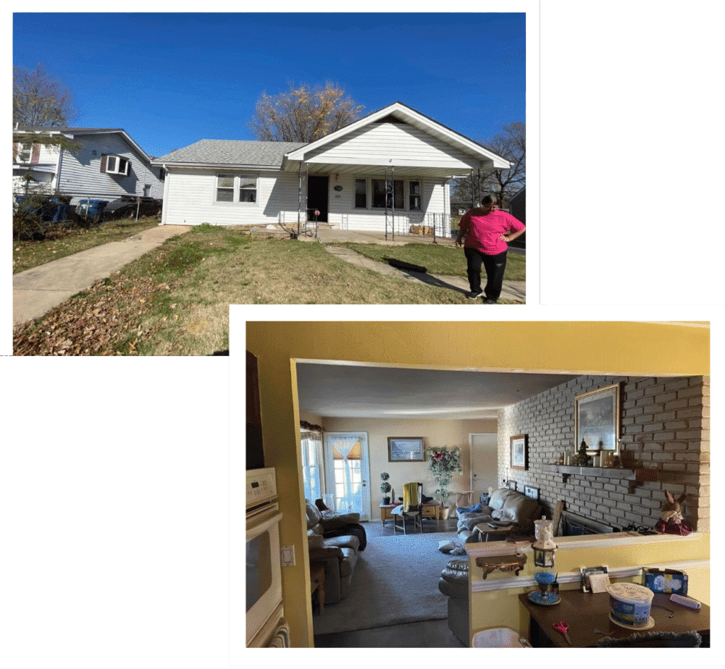 The outside and inside of a house in Kirkwood, MO