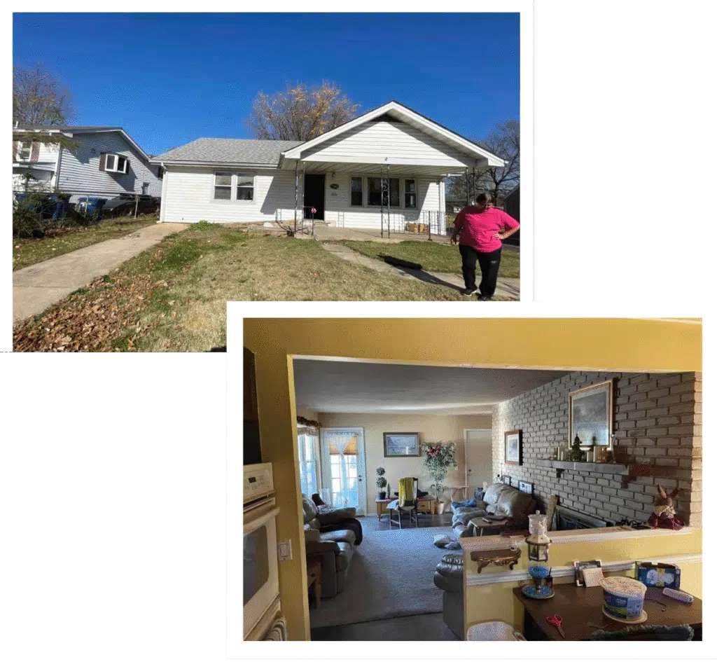 The outside and inside of a house in Kirkwood, MO
