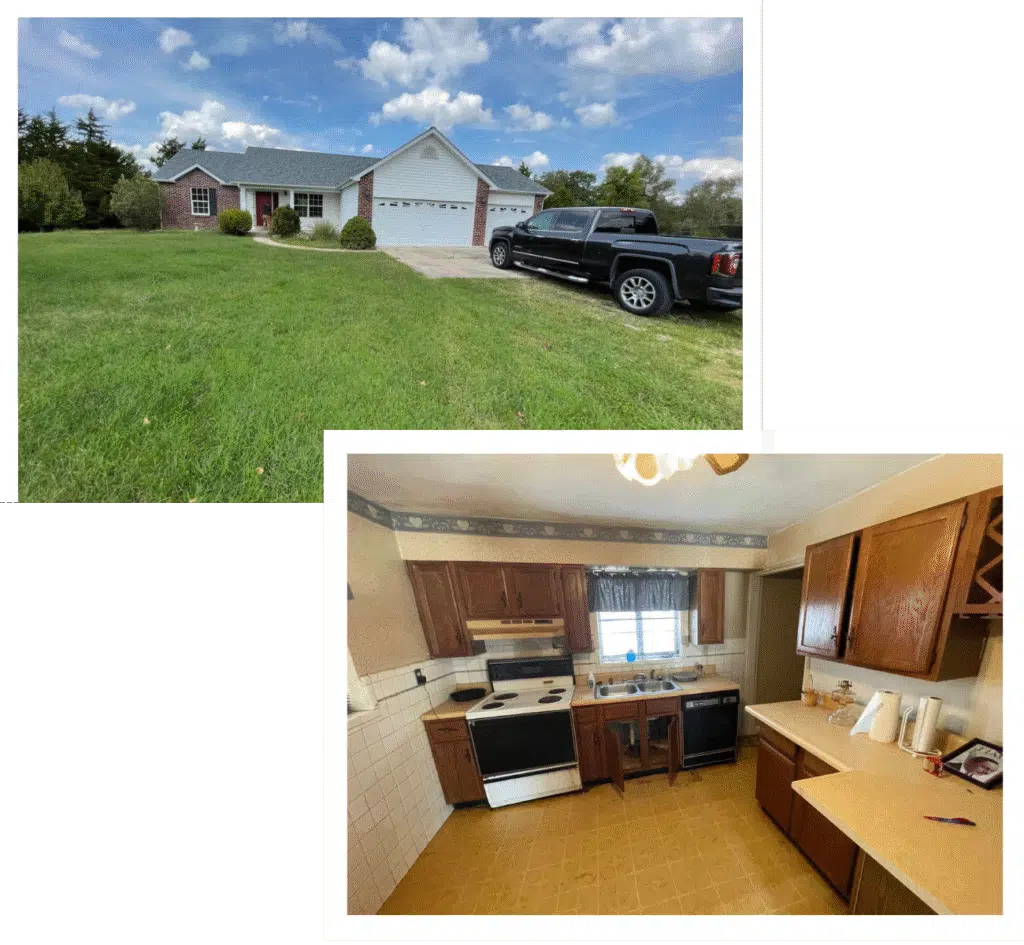 The outside and inside of a house in Manchester, MO