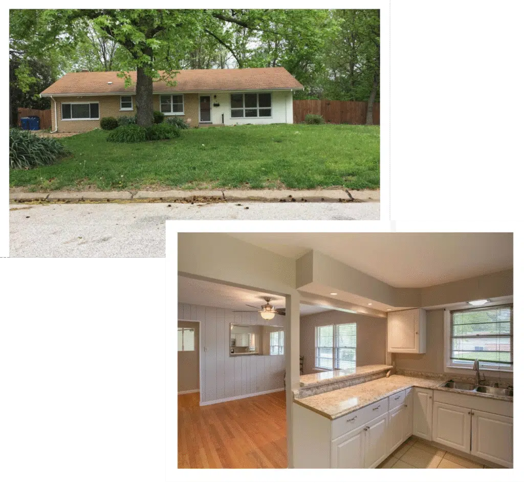 The outside and inside of a house in Saint Ann, MO